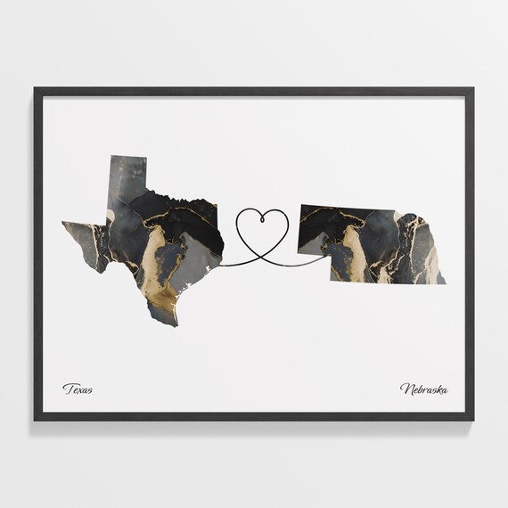 Texas Nebraska Long Distance Love Heart Marble Map Gift Poster