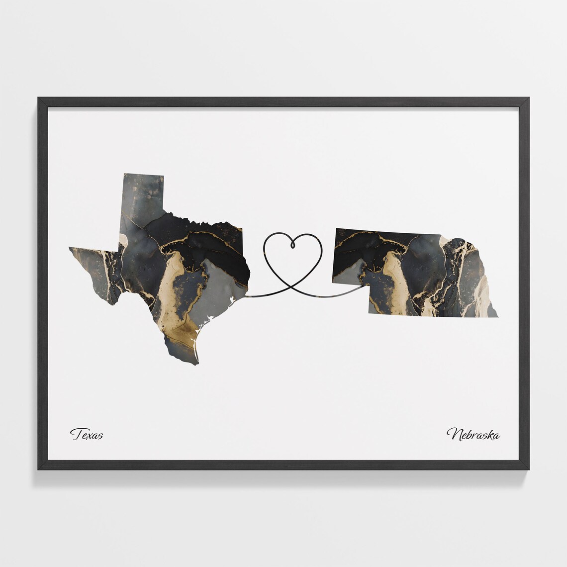 Texas Nebraska Long Distance Love Heart Marble Map Gift Poster