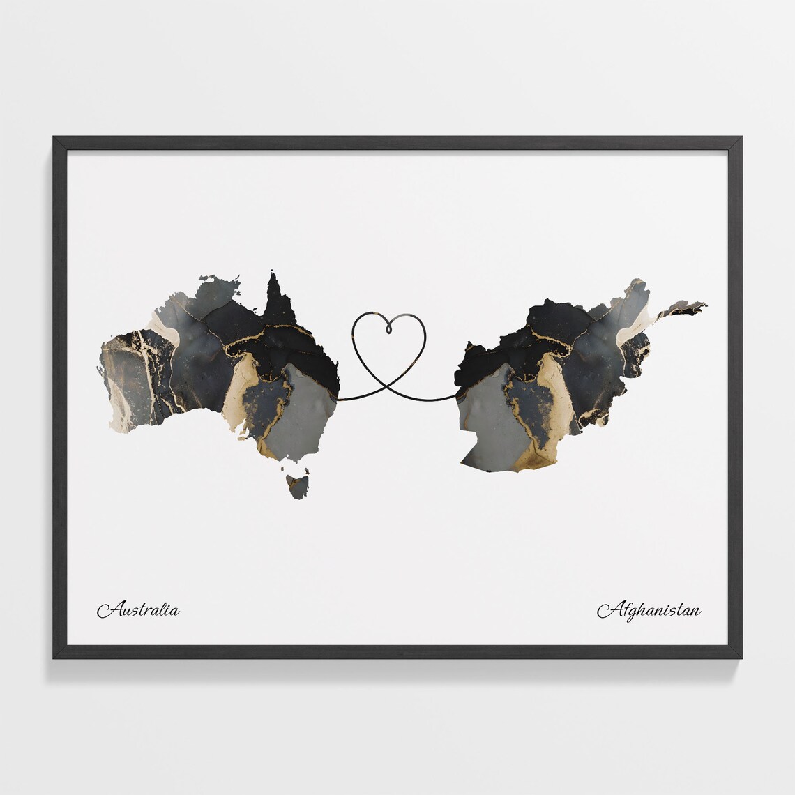 Australia To Afghanistan Marble Heart Map Two Country Long Distance Gift Poster