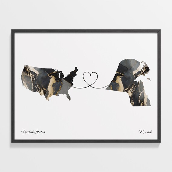 United States to Kuwait Black Gold Marble Heart Connection Map Poster