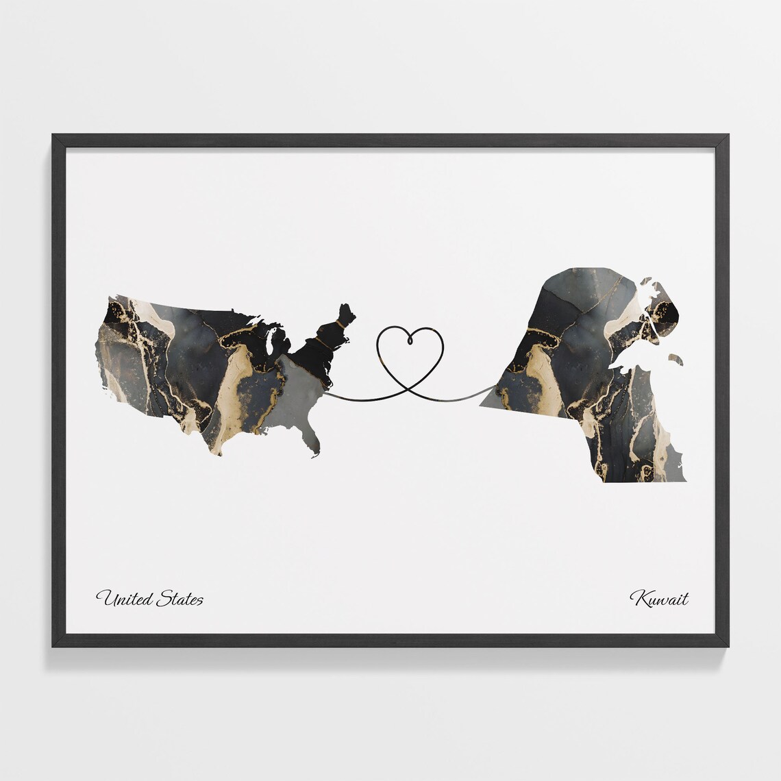 United States to Kuwait Black Gold Marble Heart Connection Map Poster