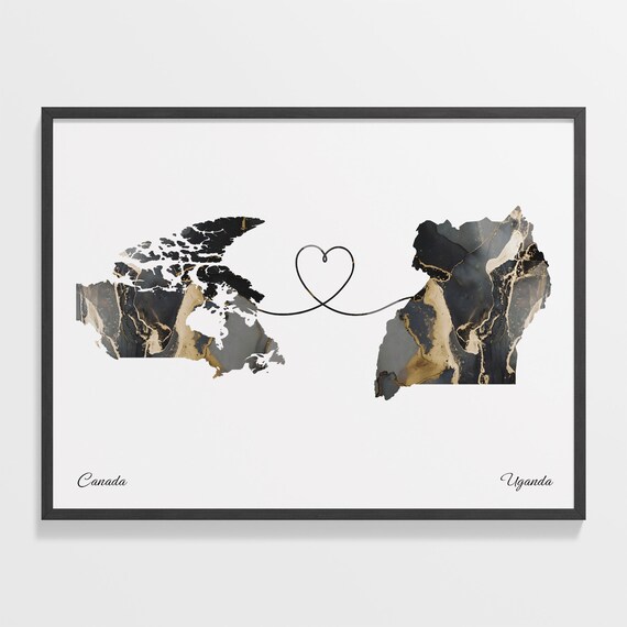 Canada To Uganda Marble Heart Map Two Country Long Distance Gift Poster