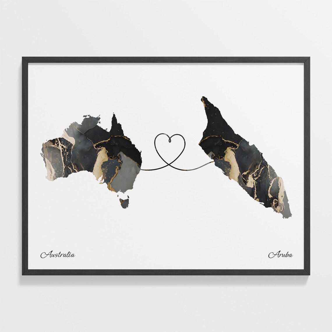 Australia To Aruba Black Gold Marble Long Distance Heart Map Poster