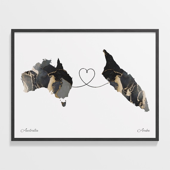 Australia To Aruba Black Gold Marble Long Distance Heart Map Poster
