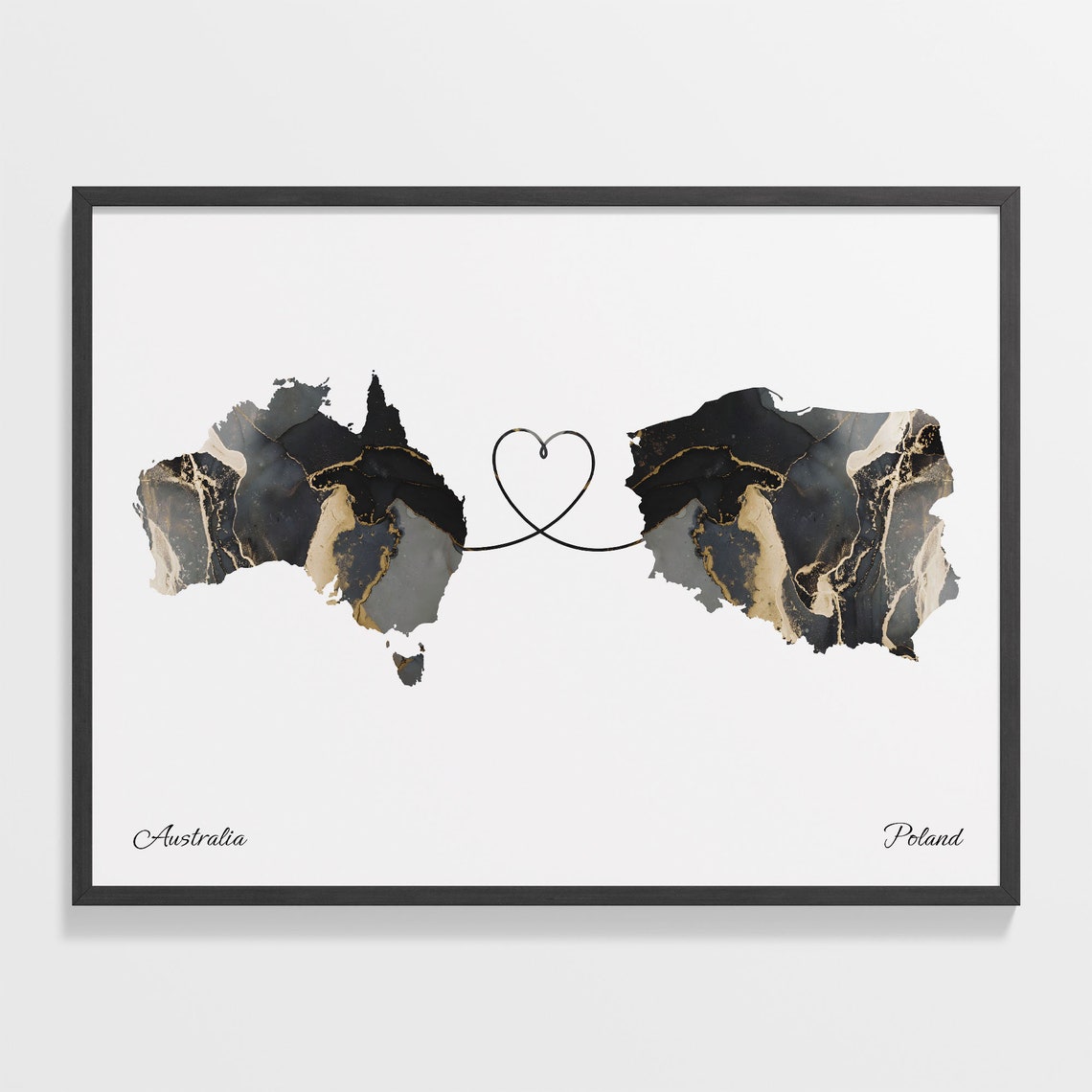 Australia Poland Long Distance Love Heart Marble Map Gift Poster