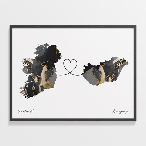 Ireland and Hungary Black Gold Marble Map Heart Connection Poster