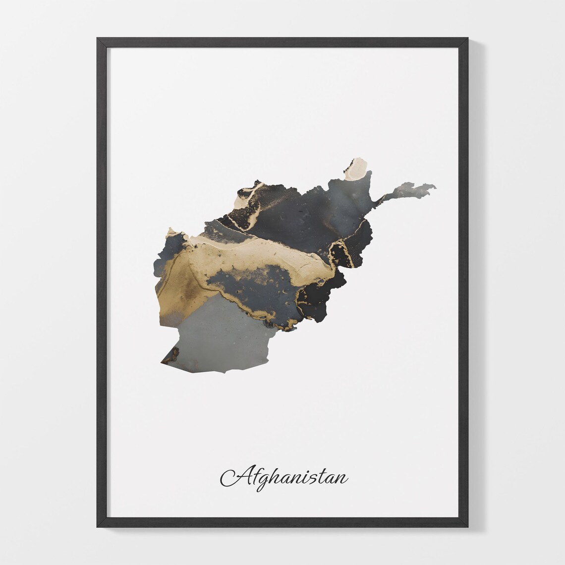 Afghanistan Black and Gold Marble Silhouette Country Map Poster