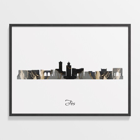Fes Morocco Marble Skyline Black Gold Minimalist Cityscape Poster