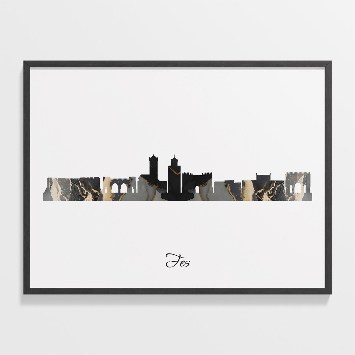 Fes Morocco Marble Skyline Black Gold Minimalist Cityscape Poster