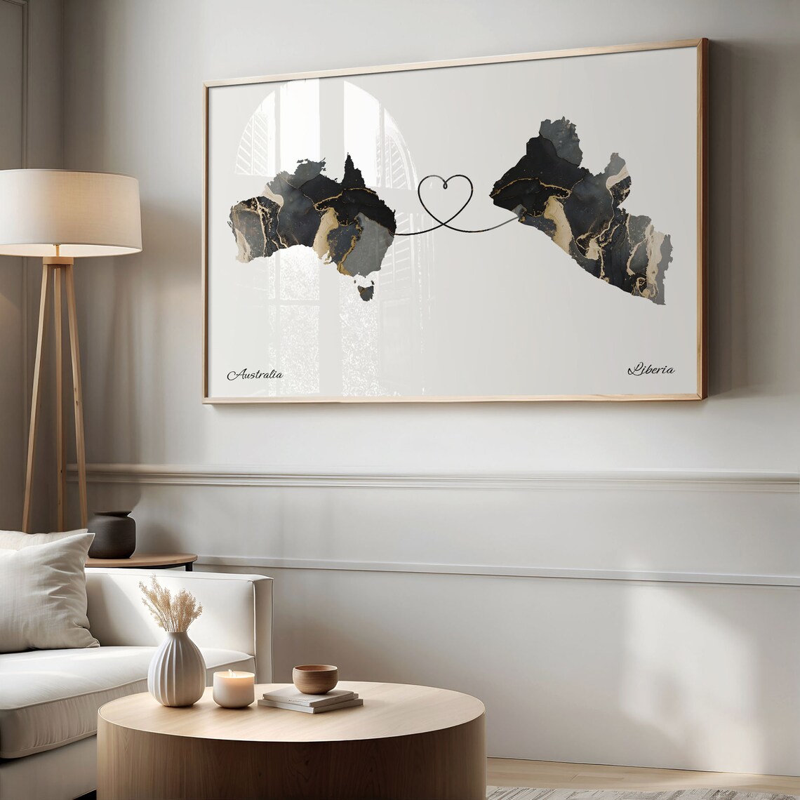 Australia and Liberia Two Countries Black Gold Marble Map Poster - Image 2
