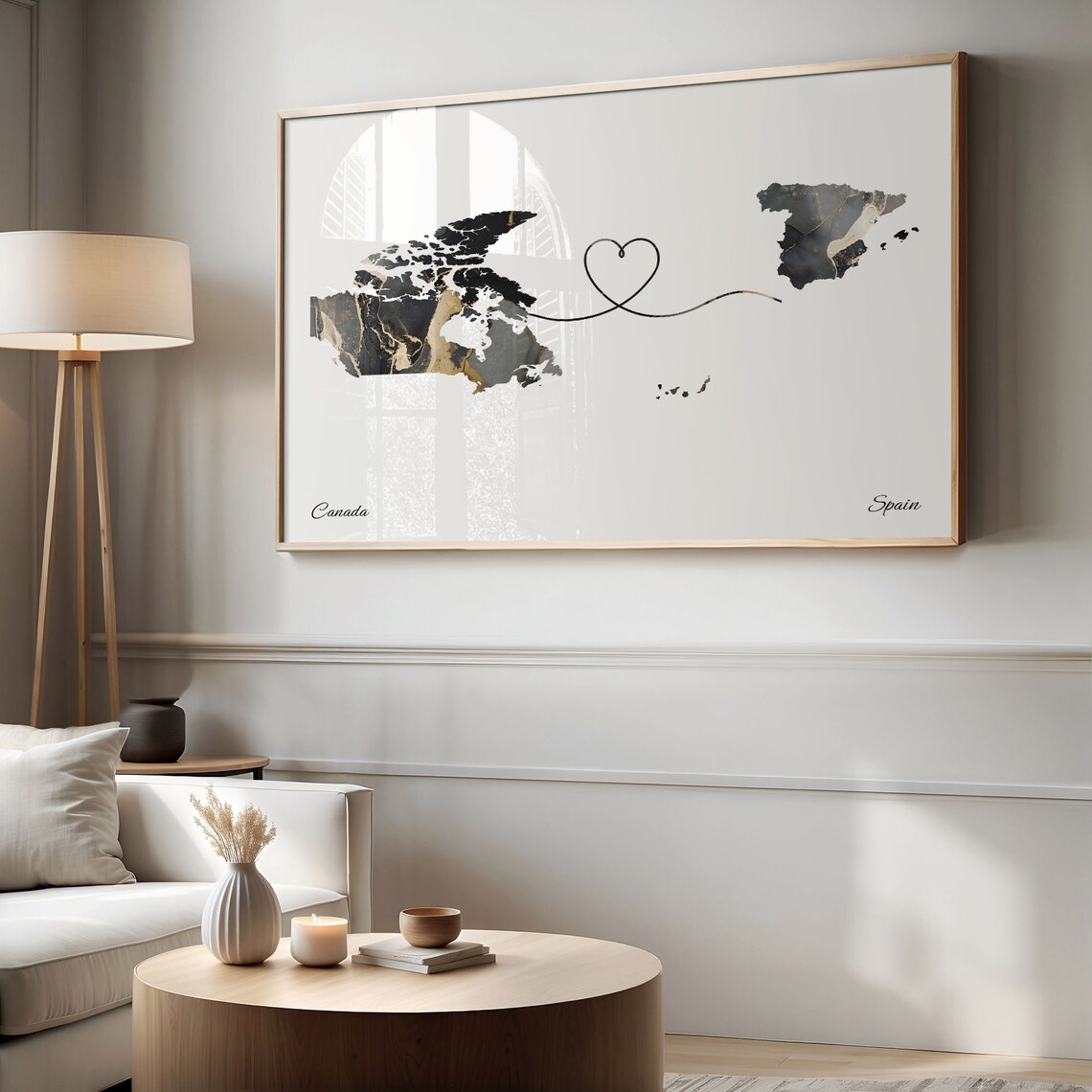 Canada To Spain Black Gold Marble Long Distance Heart Map Poster - Image 2