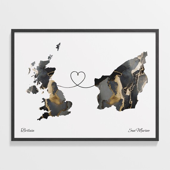 Britain and San Marino Black Gold Marble Two Country Love Map Poster