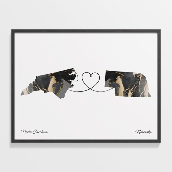 Heart Connection North Carolina to Nebraska Black Marble Map Poster
