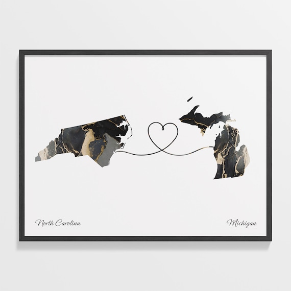 North Carolina to Michigan Black Marble State Map Long Distance Love Poster