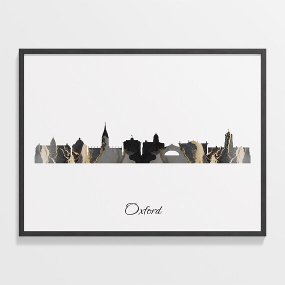 Oxford United Kingdom Black Gold Marble Skyline Silhouette City Print