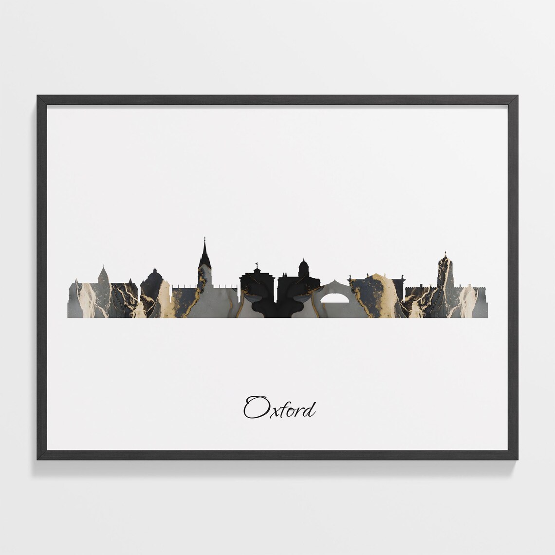 Oxford United Kingdom Black Gold Marble Skyline Silhouette City Print