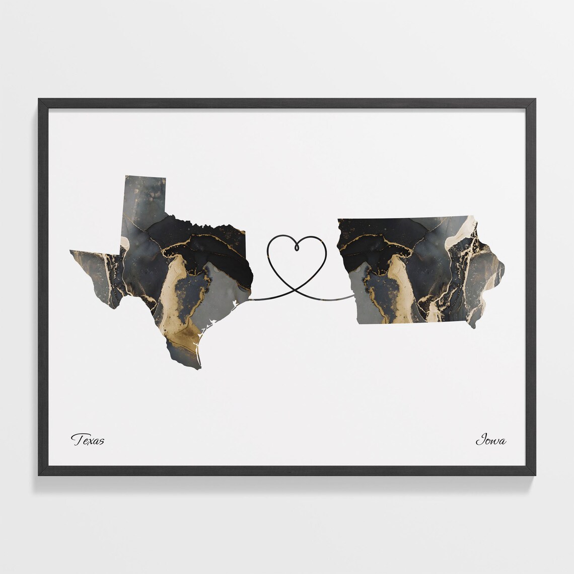 Texas and Iowa Black Gold Marble Map Heart Connection Poster