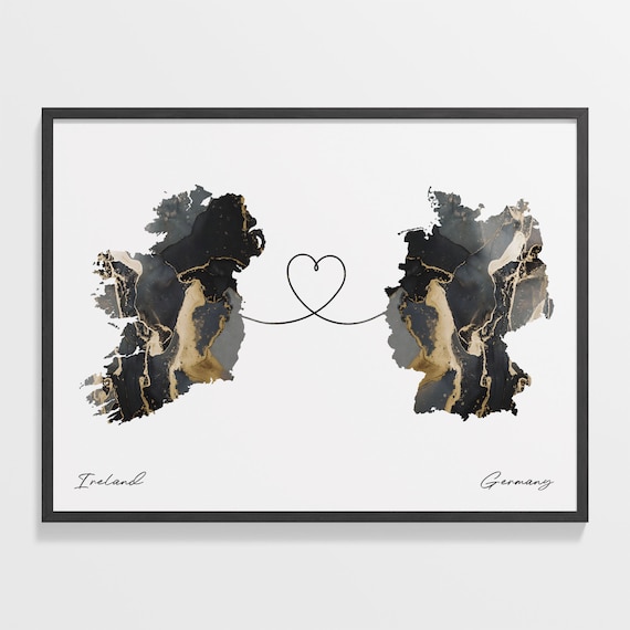 Ireland and Germany Black Gold Marble Heart Connection Map Poster