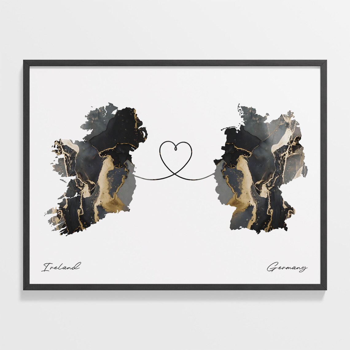 Ireland and Germany Black Gold Marble Heart Connection Map Poster
