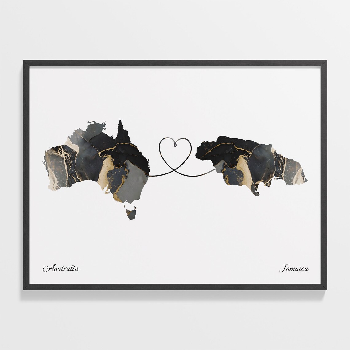Australia To Jamaica Black Gold Marble Long Distance Heart Map Poster