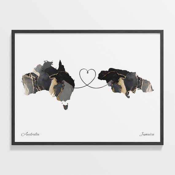 Australia To Jamaica Black Gold Marble Long Distance Heart Map Poster