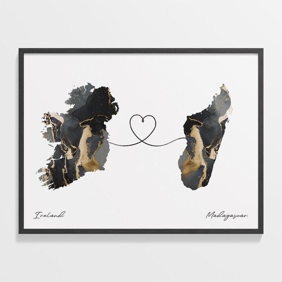 Ireland To Madagascar Black Gold Marble Two Country Heart Map Poster