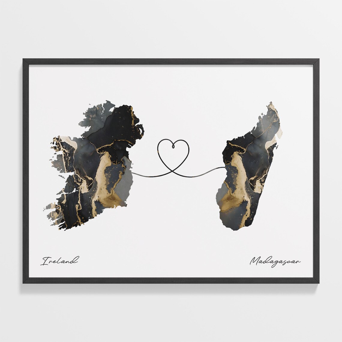 Ireland To Madagascar Black Gold Marble Two Country Heart Map Poster