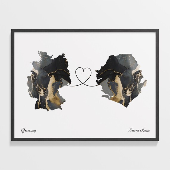 Germany to Sierra Leone Black Gold Marble Heart Connection Map Poster