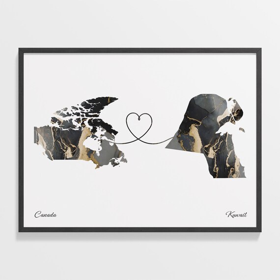 Canada to Kuwait Black Gold Marble Long Distance Heart Map Poster