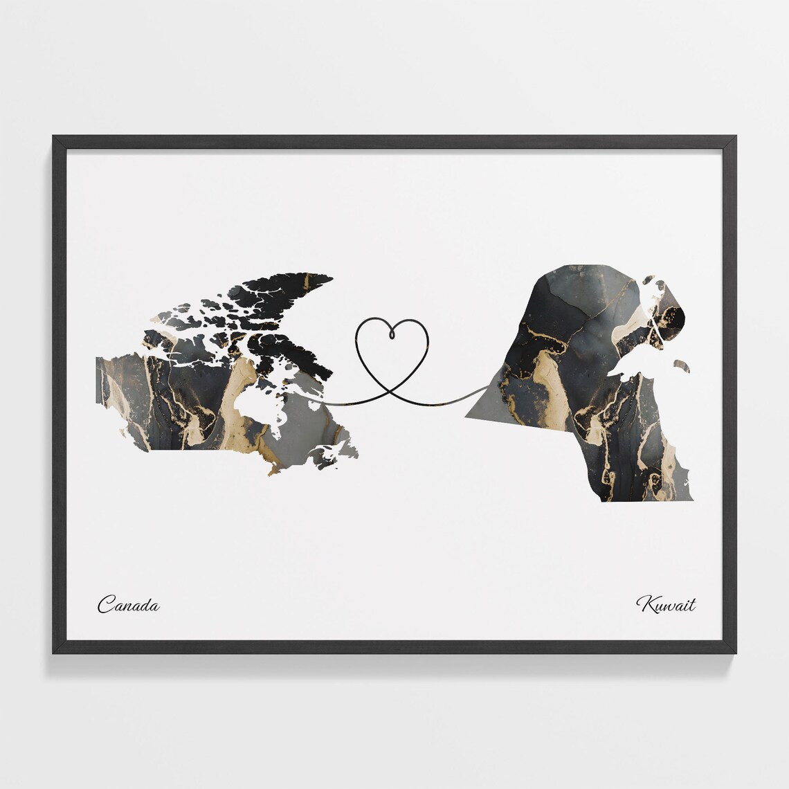 Canada to Kuwait Black Gold Marble Long Distance Heart Map Poster