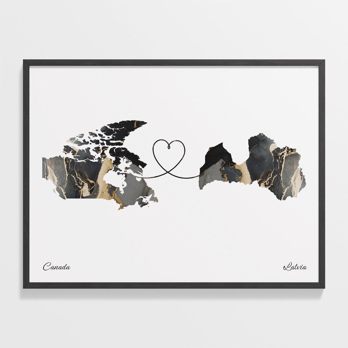 Canada To Latvia Black Gold Marble Long Distance Heart Map Poster