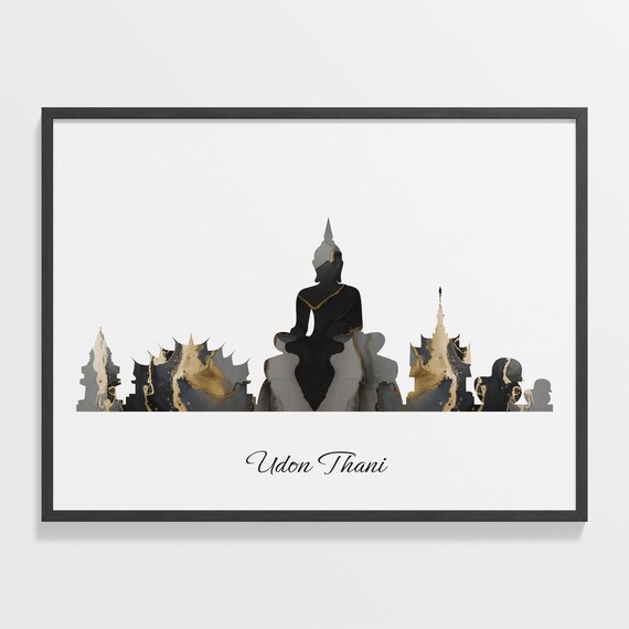 Udon Thani Skyline Black and Gold Marble Cityscape Art Poster