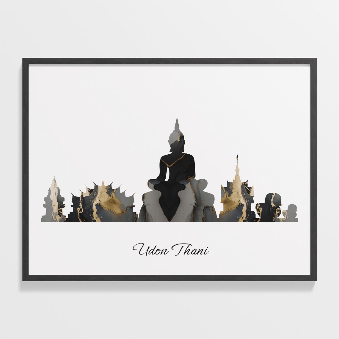 Udon Thani Skyline Black and Gold Marble Cityscape Art Poster