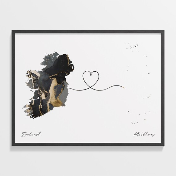 Ireland and Maldives Black and Gold Marble Heart Map Connection Poster