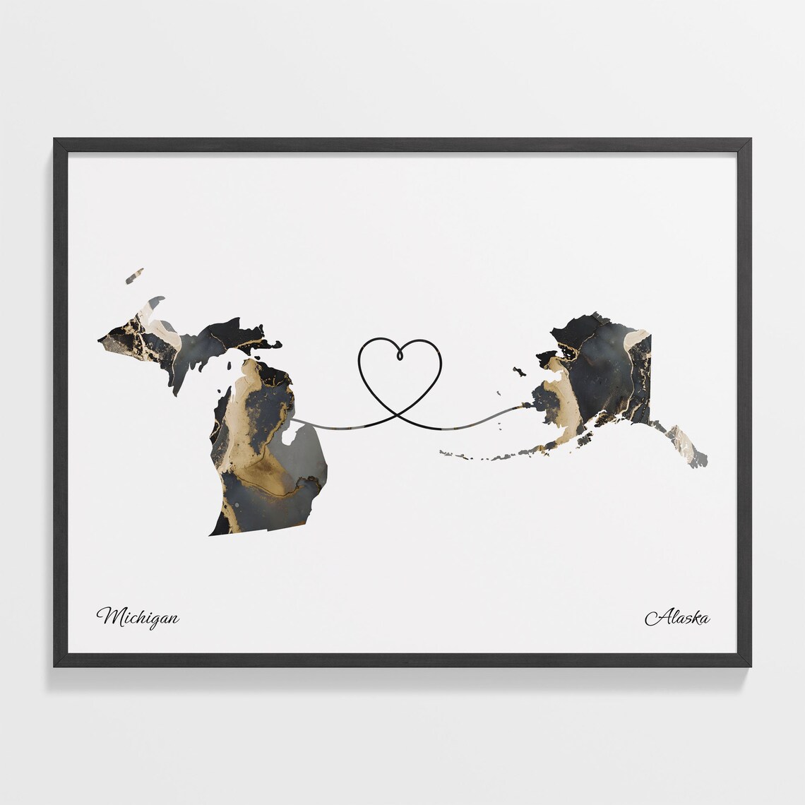 Michigan to Alaska Black Marble State Map Long Distance Love Poster