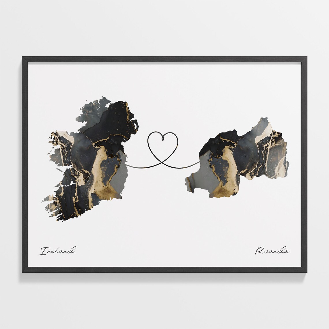 Ireland to Rwanda Black Gold Marble Map Heart Line Art Poster