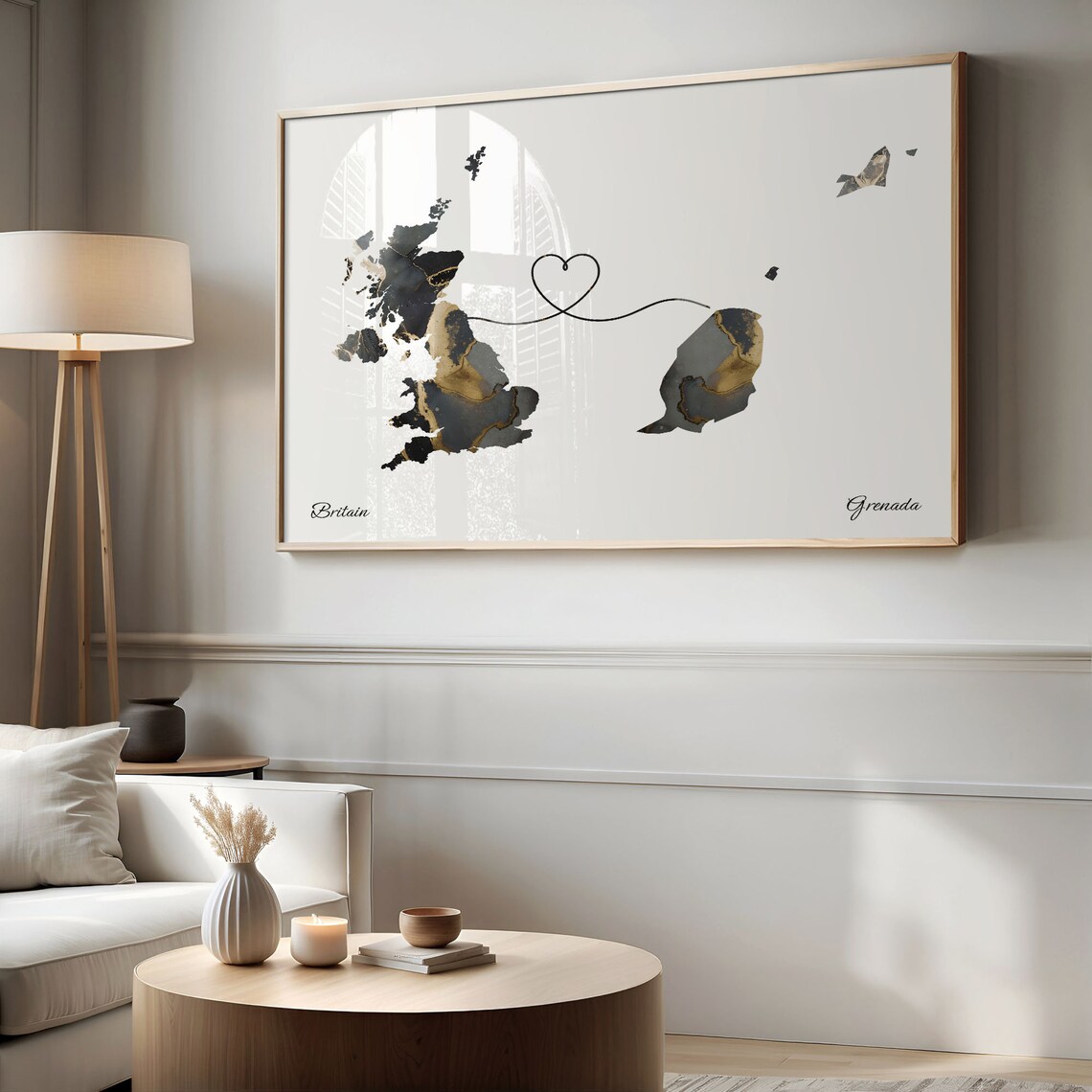 Britain to Grenada Heart Connected Long Distance Marble Map Poster - Image 2