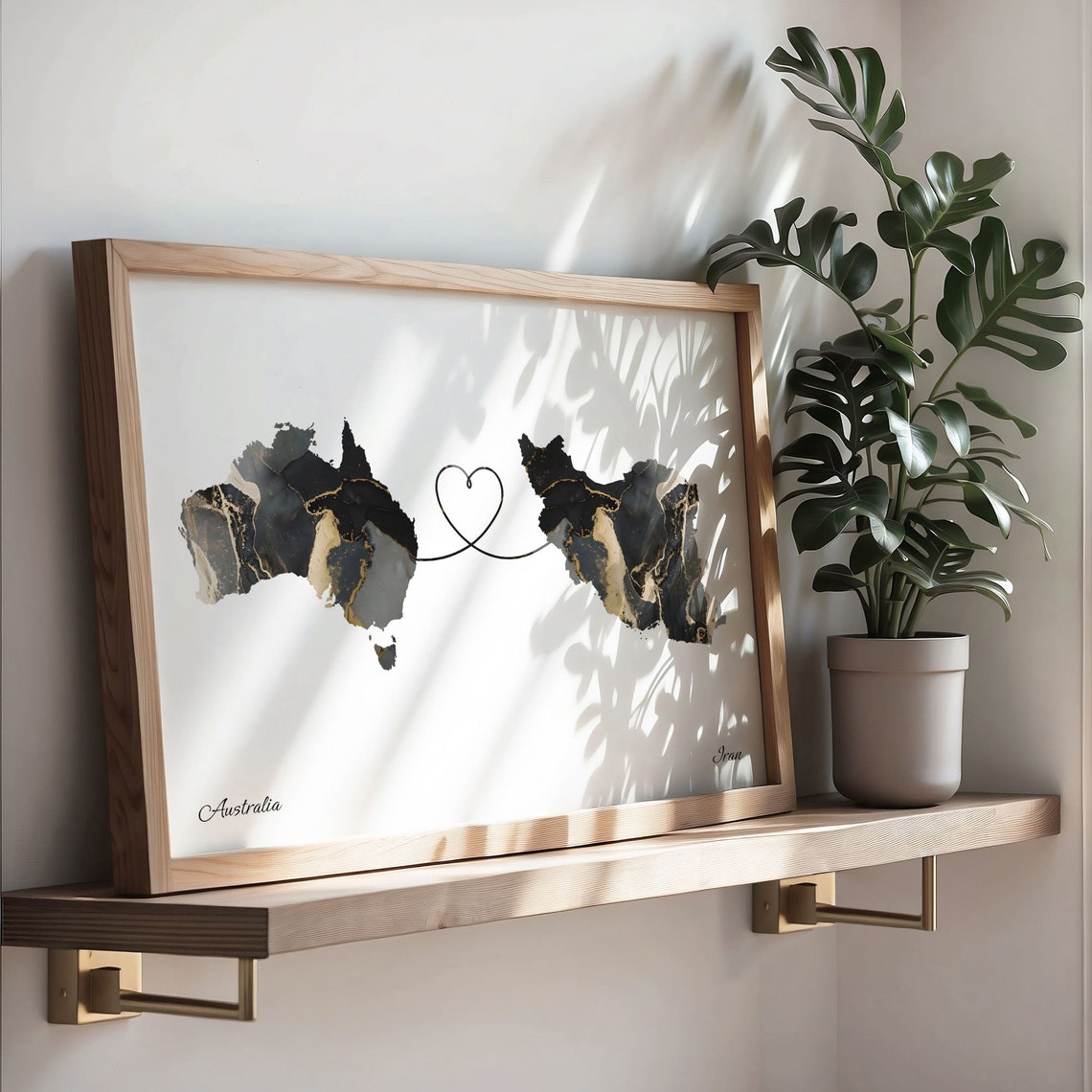 Australia to Iran Black and Gold Marble Two Country Map Poster - Image 3