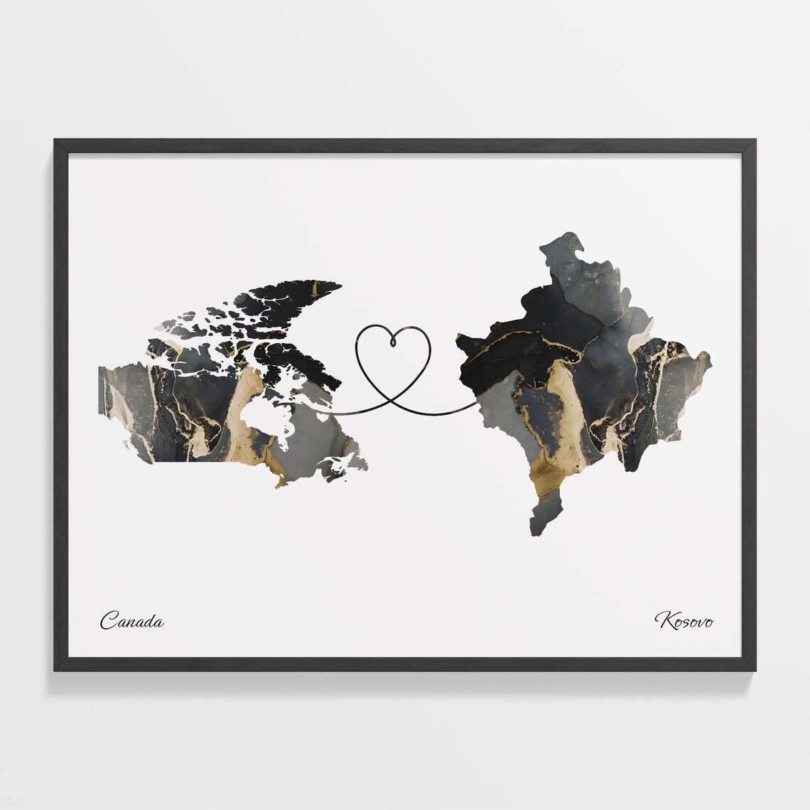 Canada Kosovo Long Distance Love Black Marble Heart Map Poster
