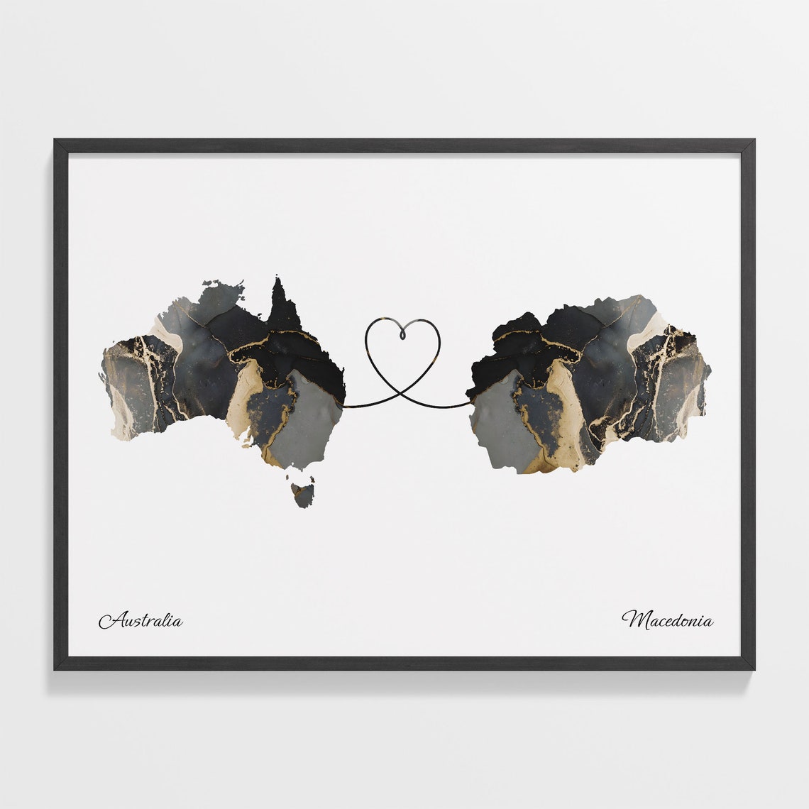 Australia to Macedonia Black and Gold Marble Two Country Map Poster