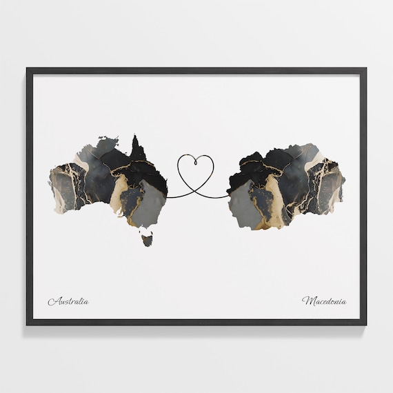 Australia to Macedonia Black and Gold Marble Two Country Map Poster