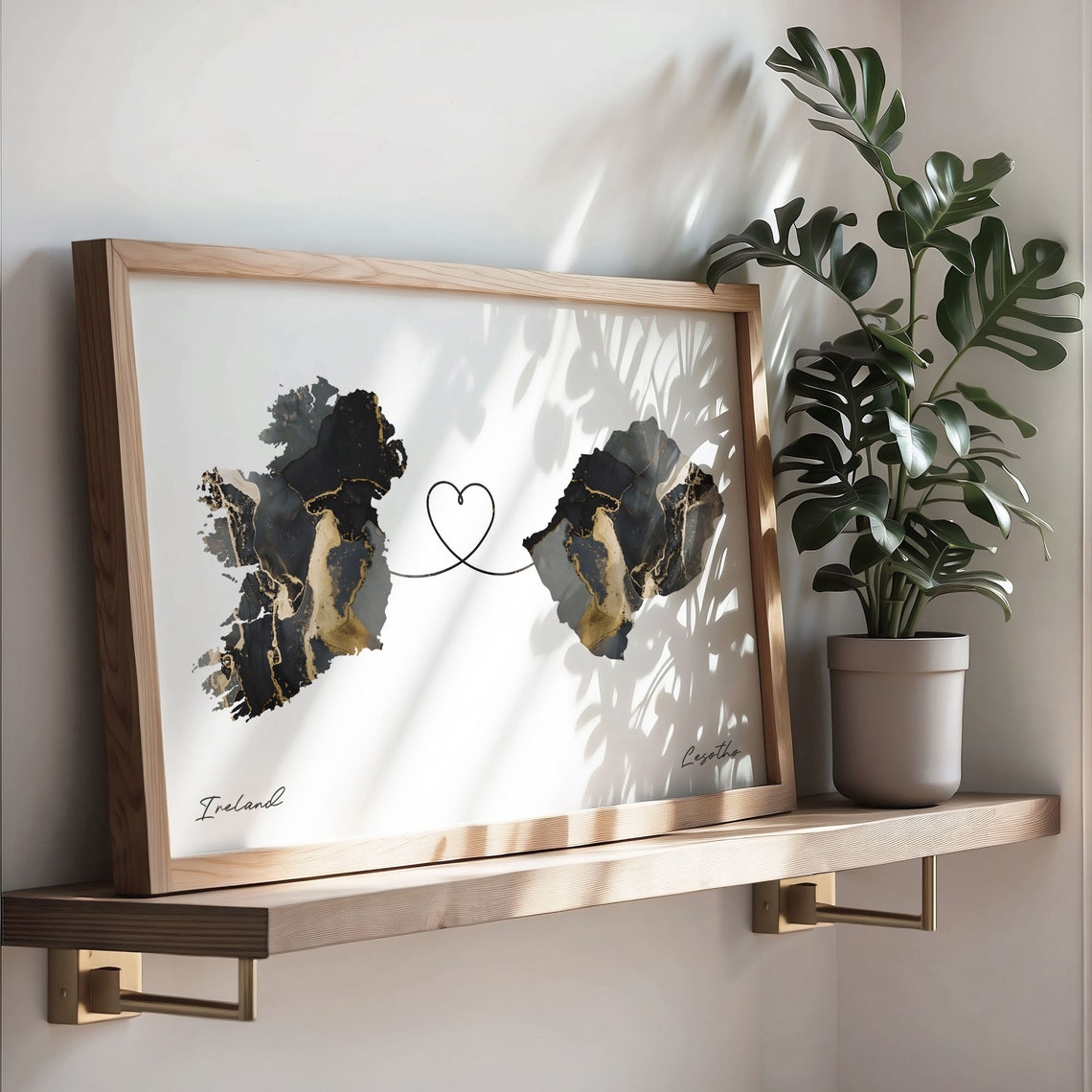 Ireland To Lesotho Black Gold Marble Two Country Heart Map Poster - Image 3