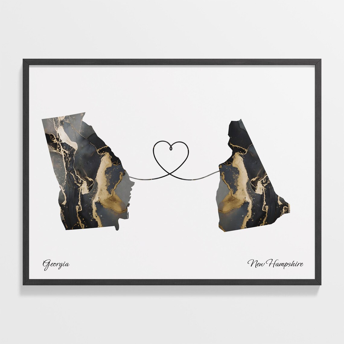 Georgia New Hampshire Long Distance Love Black Gold Marble Map Poster