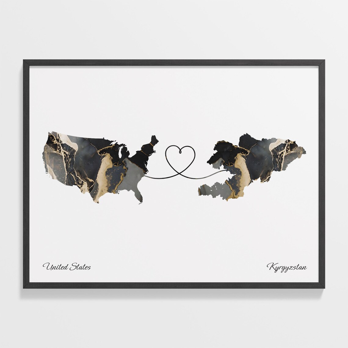 USA to Kyrgyzstan Map Travel Poster, Faraway Love