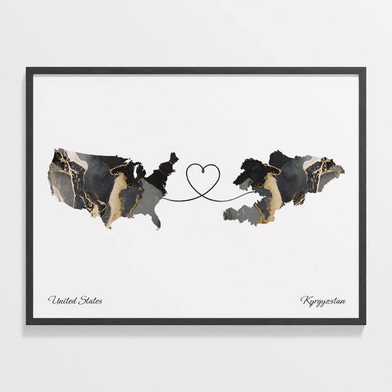 USA to Kyrgyzstan Map Travel Poster, Faraway Love