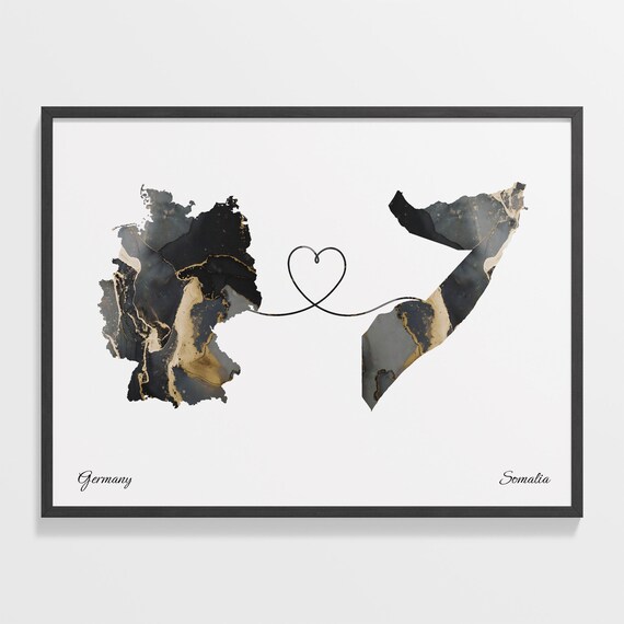 Germany to Somalia Black Gold Marble Heart Map Art Wall Poster