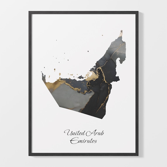 United Arab Emirates Black and Gold Marble Country Map Silhouette Minimalist Poster