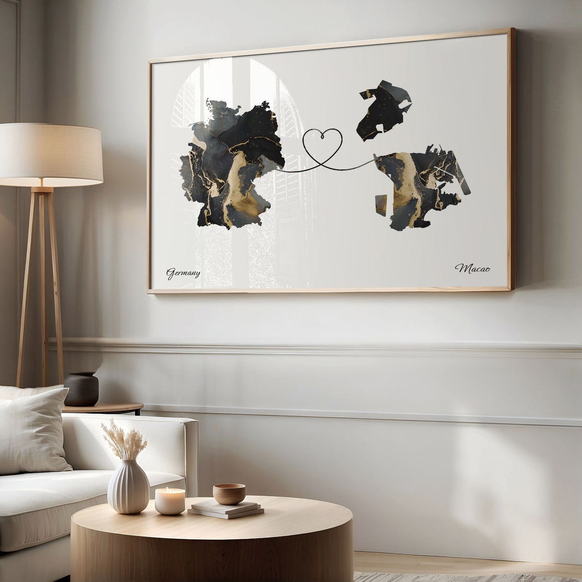 Germany and Macao Two Countries Black Gold Marble Map Poster - Image 2