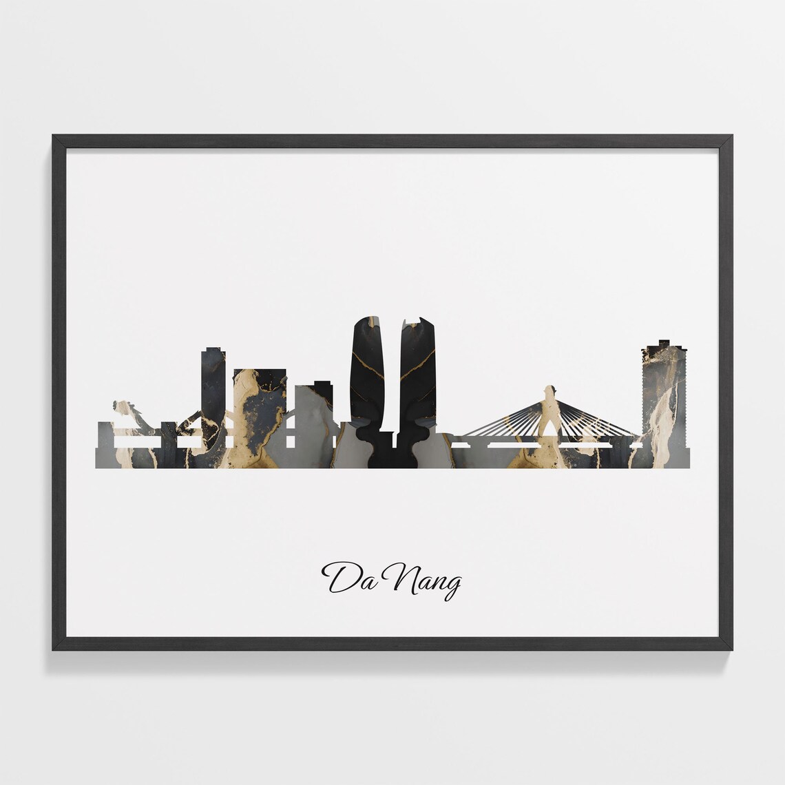 Da Nang Skyline Marble Cityscape Black and Gold Travel Poster