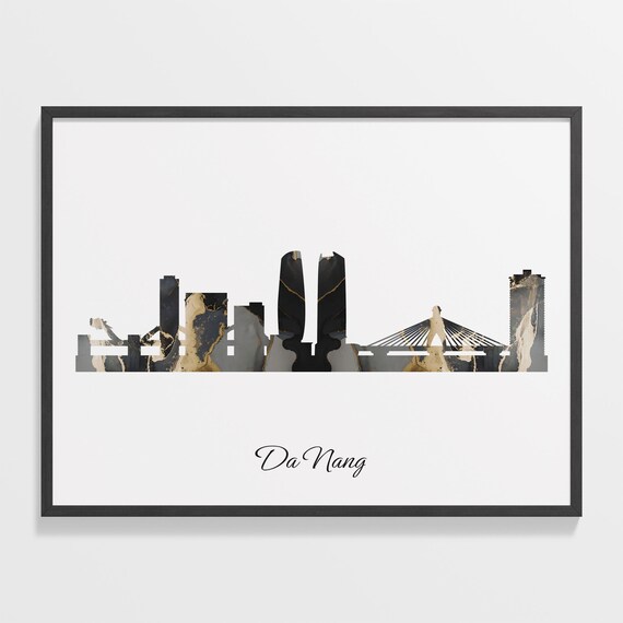 Da Nang Skyline Marble Cityscape Black and Gold Travel Poster